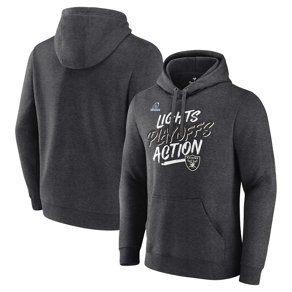 Sweat à capuche ajusté pour hommes Fanatics Heather Charcoal Las Vegas Raiders 2021 NFL Playoffs Bound Lights Action