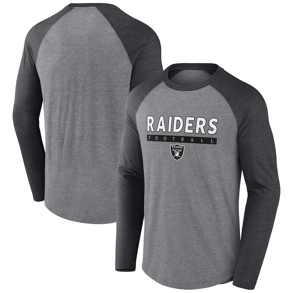 T-shirt à manches longues raglan Fanatics gris chiné/Las Vegas Raiders pour hommes