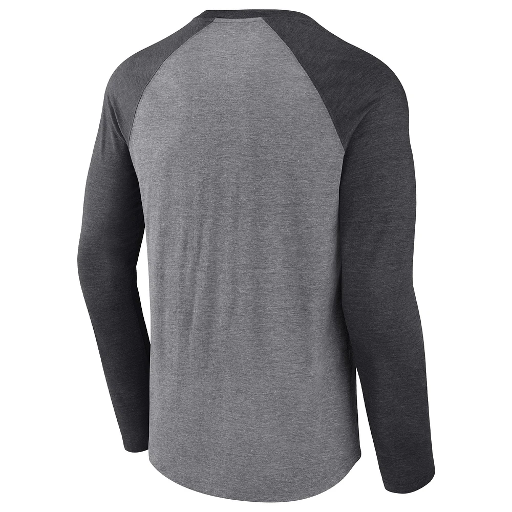 Men's Fanatics Heathered Gray/Heathered Charcoal Las Vegas Raiders Weekend Casual Raglan Tri-Blend Long Sleeve T-Shirt