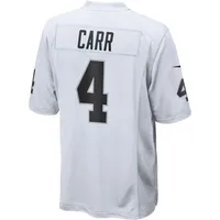 Maillot de jeu blanc Nike Derek Carr des Las Vegas Raiders pour hommes