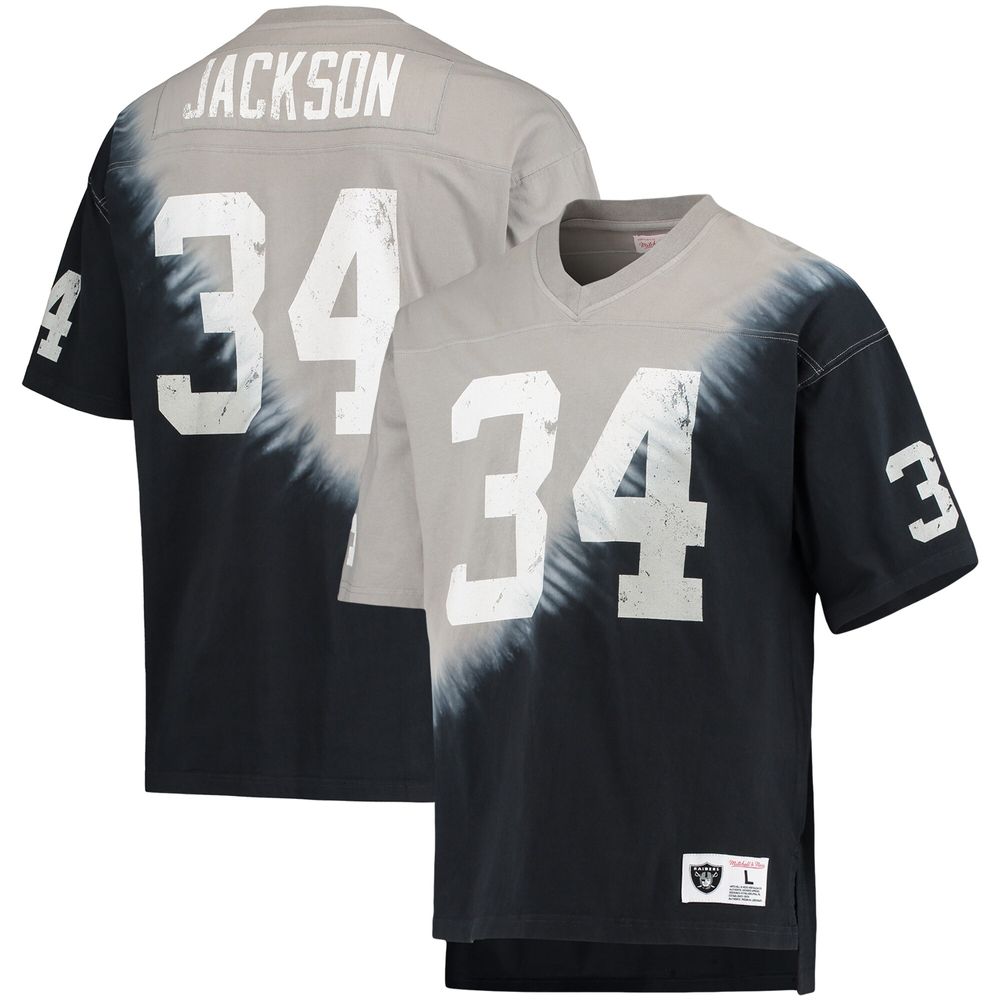 Men's Mitchell & Ness Bo Jackson Black/Silver Las Vegas Raiders Retired Player Name Number Diagonal Tie-Dye V-Neck T-Shirt