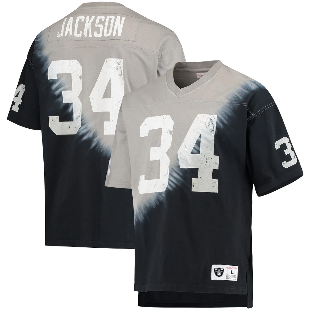 Mitchell & Ness Bo Jackson pour hommes, noir/argent, Las Vegas Raiders, nom et numéro du joueur retraité, t-shirt à col en V tie-dye diagonale