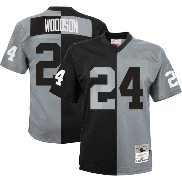 Maillot réplique Mitchell & Ness Charles Woodson pour hommes, noir/argent, Las Vegas Raiders 1998 Split Legacy