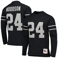 Haut à manches longues noir Mitchell & Ness Charles Woodson pour hommes, nom et numéro du joueur retraité des Raiders d'Oakland