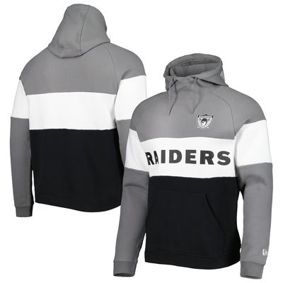 Men's New Era Black/Silver Las Vegas Raiders Colorblock Throwback Pullover Hoodie