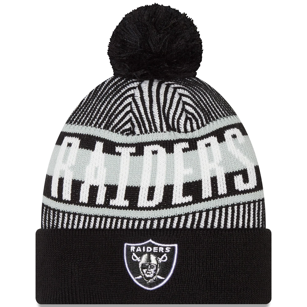 Bonnet en tricot à revers rayé noir Las Vegas Raiders New Era pour hommes avec pompon