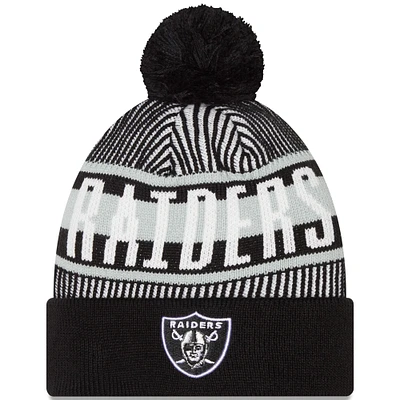 Bonnet en tricot à revers rayé noir Las Vegas Raiders New Era pour hommes avec pompon