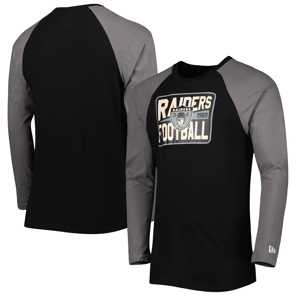 T-shirt à manches longues raglan noir Las Vegas Raiders Throwback New Era pour homme