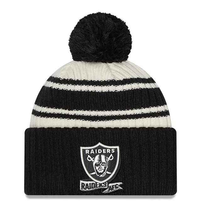 Las Vegas Raiders 2022 Sideline crème/noir pour homme New Era - Tuque sport en tricot à revers avec pompons