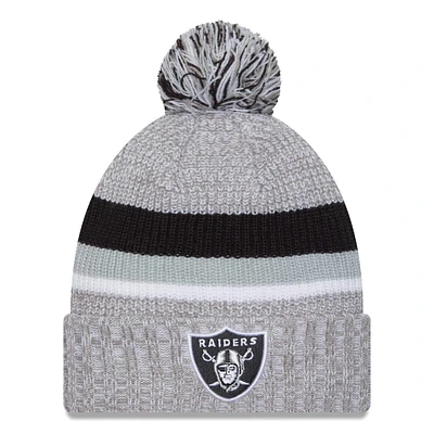 Bonnet en tricot à revers Las Vegas Raiders New Era gris chiné pour hommes avec pompon