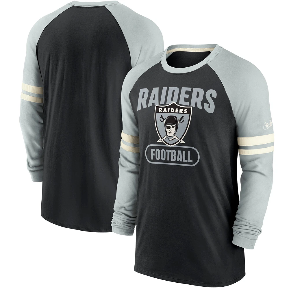 T-shirt à manches longues raglan Nike Las Vegas Raiders Throwback noir/argenté pour homme