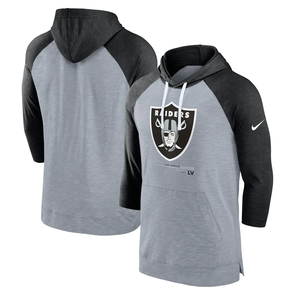 Chandail à capuchon manches 3/4 raglan des Las Vegas Raiders Nike pour homme, gris chiné/noir chiné