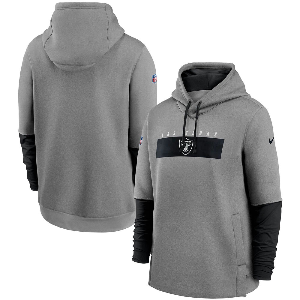 Chandail à capuchon Performance Playbook Las Vegas Raiders Sideline Nike pour homme, gris chiné/noir