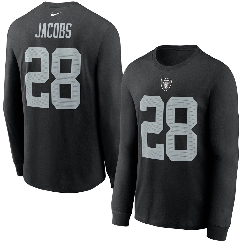 T-shirt à manches longues Nike Josh Jacobs pour homme, noir, Las Vegas Raiders, nom et numéro du joueur