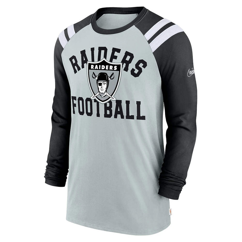 T-shirt à manches longues Nike pour hommes, argent/noir, Las Vegas Raiders Classic Arc Raglan Tri-Blend