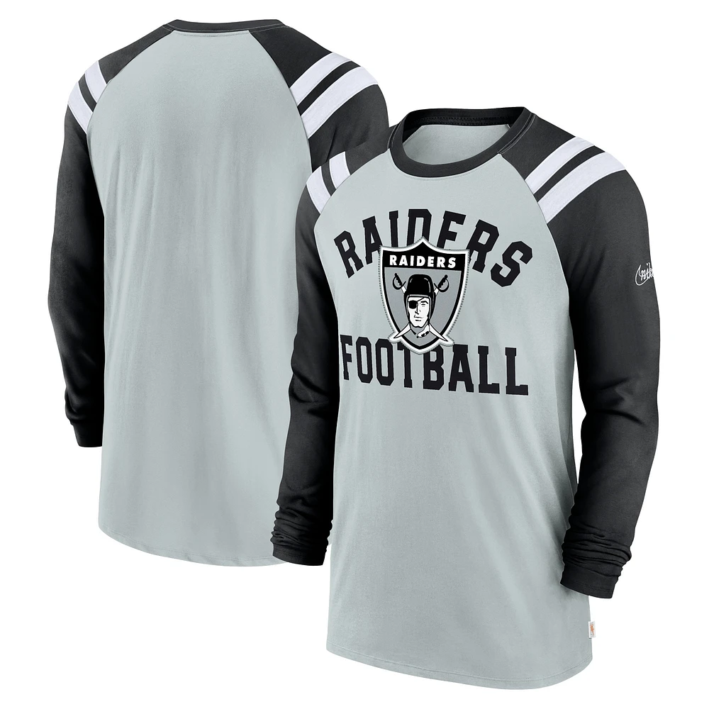 T-shirt à manches longues Nike pour hommes, argent/noir, Las Vegas Raiders Classic Arc Raglan Tri-Blend