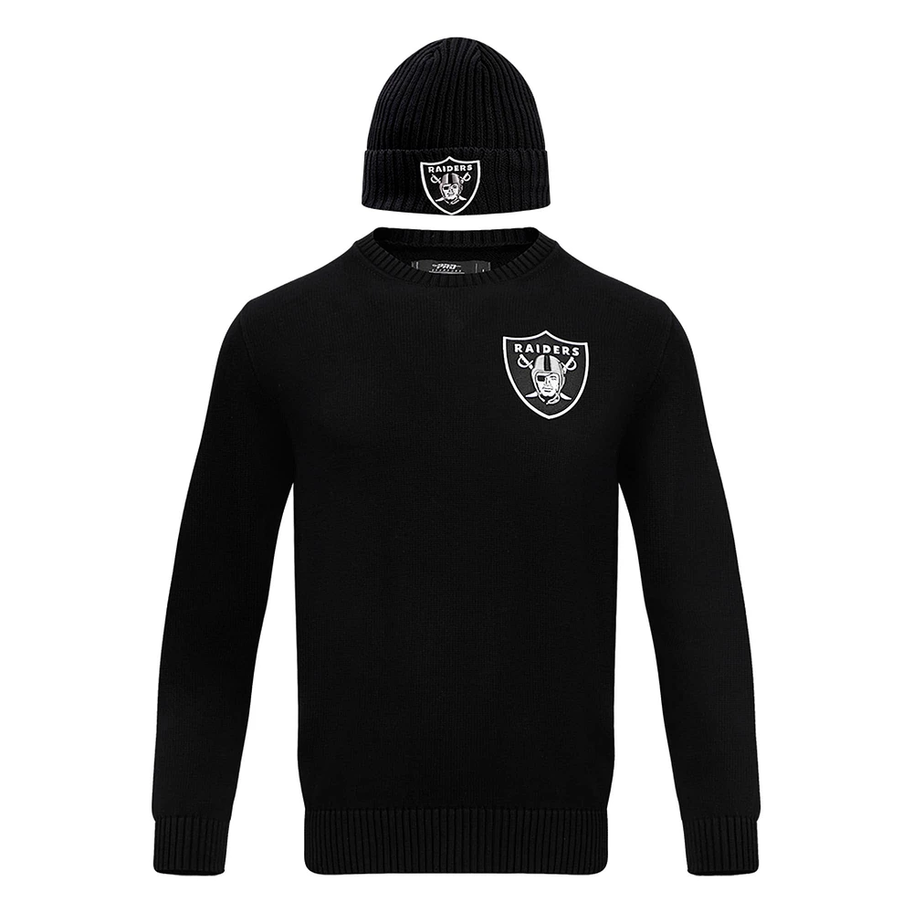 Men's Pro Standard Black Las Vegas Raiders Crewneck Pullover Sweater & Cuffed Knit Hat Box Gift Set