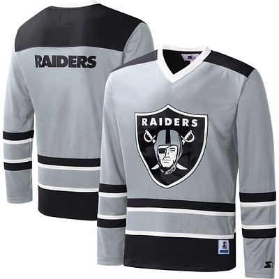 T-shirt à manches longues et col en V carreaux Las Vegas Raiders Starter Silver pour homme