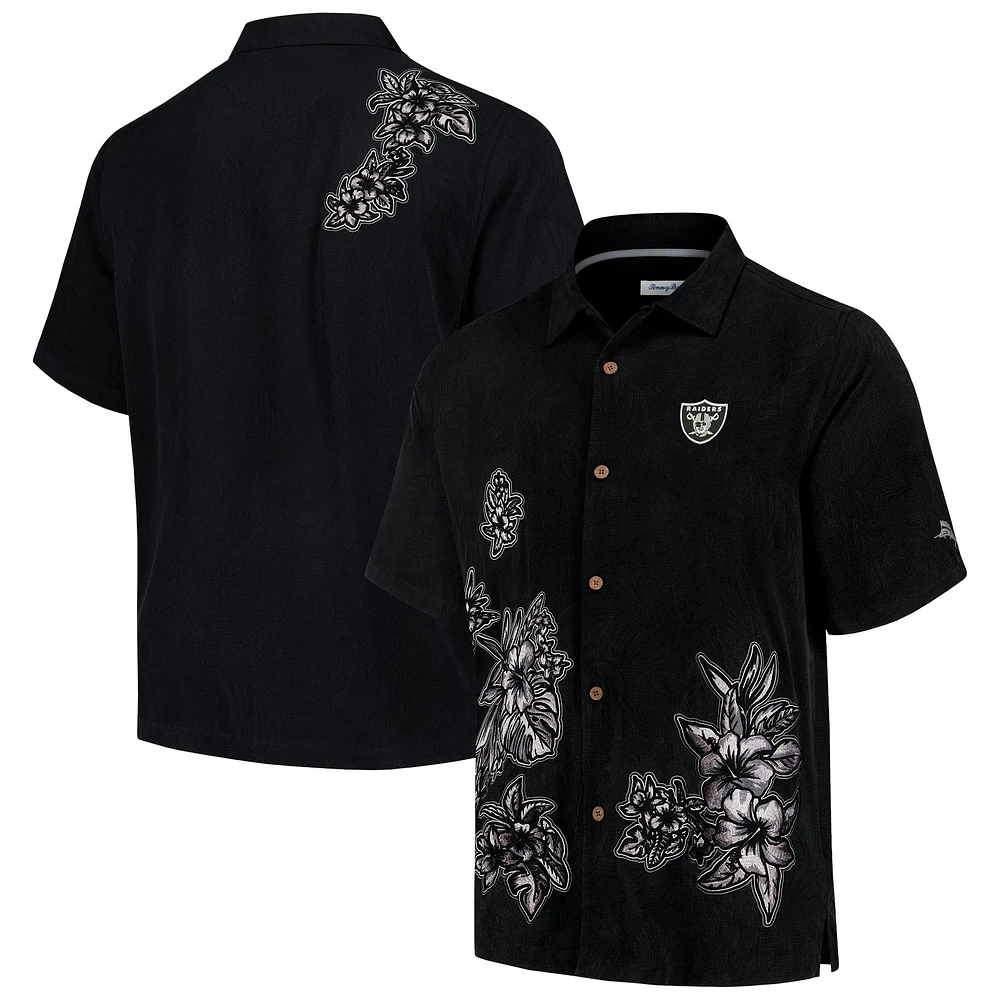 Chemise boutonnée Tommy Bahama noire Las Vegas Raiders Hibiscus Camp pour hommes