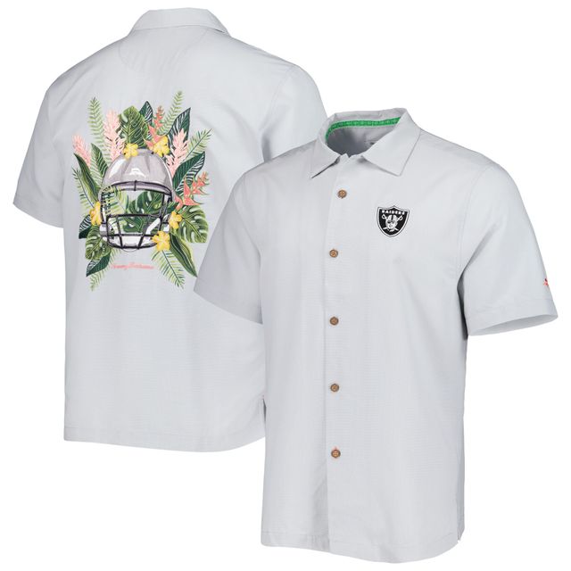 Chemise boutonnée pour homme Tommy Bahama Grey Las Vegas Raiders Coconut Point Frondly Fan Camp IslandZone