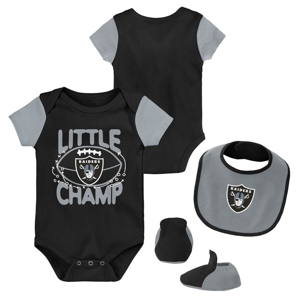 Newborn & Infant Black/Gray Las Vegas Raiders 3-Piece Little Champ Bodysuit Bib Booties - Set