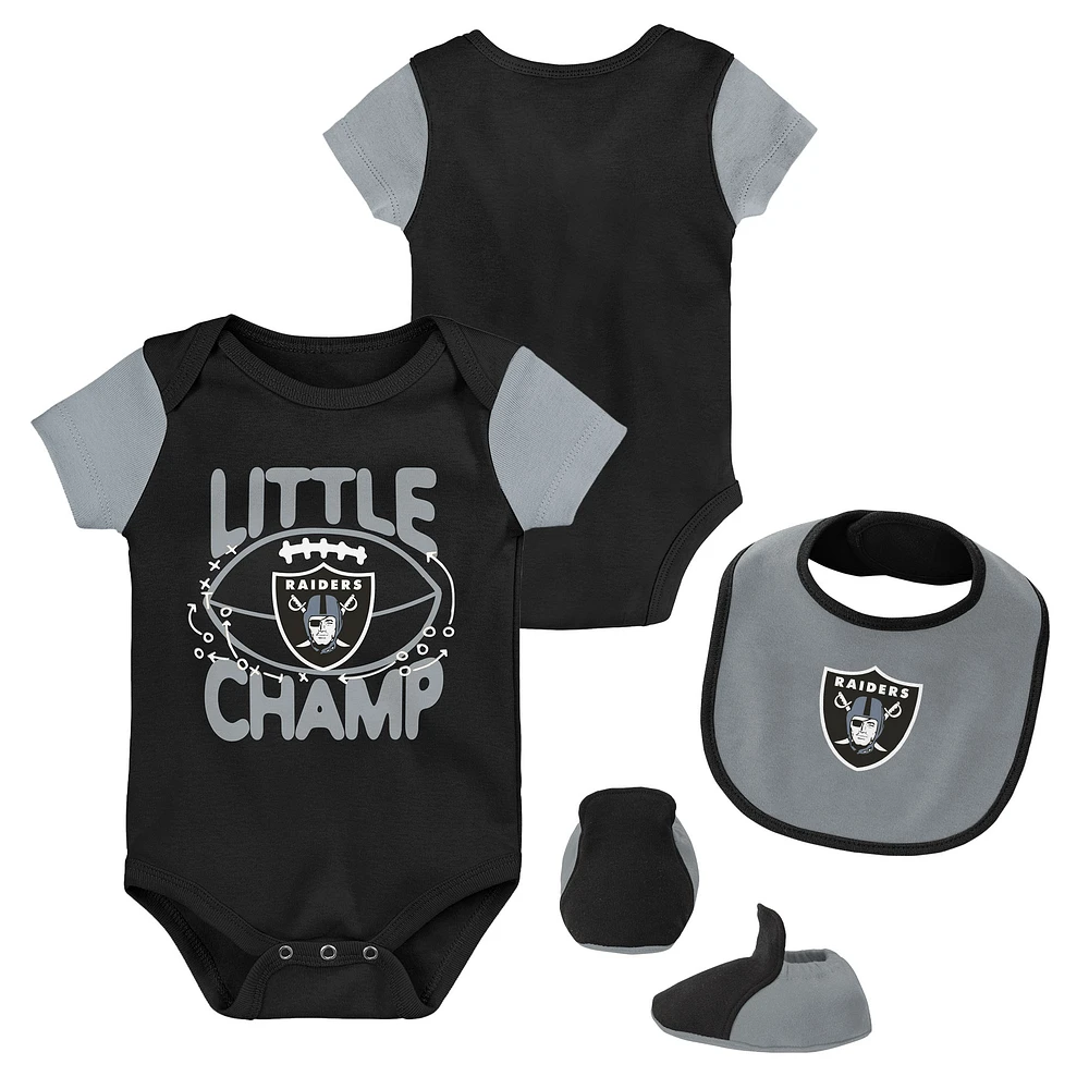 Ensemble bavoir et bottillons Little Champ noir/gris Las Vegas Raiders pour nouveau-né bébé 3 pièces