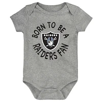 Newborn & Infant Black/White/Heather Gray Las Vegas Raiders Game On Three-Piece Bodysuit Set