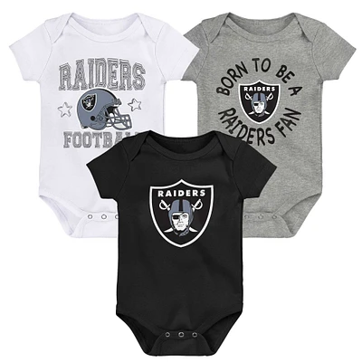 Newborn & Infant Black/White/Heather Gray Las Vegas Raiders Game On Three-Piece Bodysuit Set