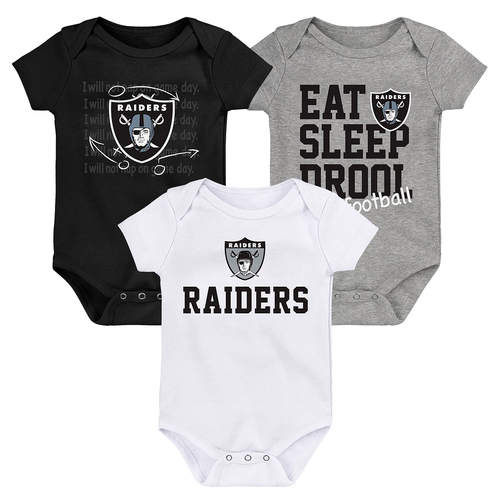 Ensemble de trois bodys rétro Eat, Sleep & Drool pour nouveau-nés et nourrissons noir/blanc/gris chiné Las Vegas Raiders