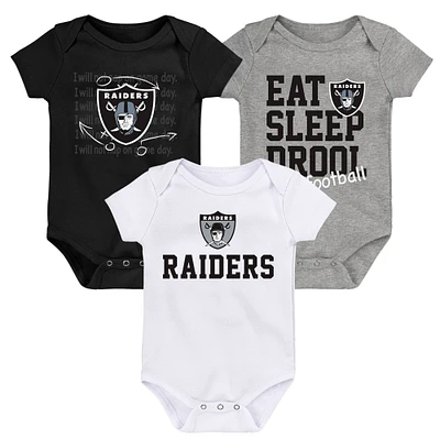 Ensemble de trois bodys rétro Eat, Sleep & Drool pour nouveau-nés et nourrissons noir/blanc/gris chiné Las Vegas Raiders