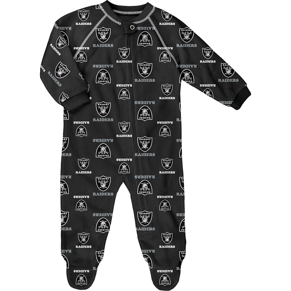 Newborn & Infant Black Las Vegas Raiders Allover Print Raglan Full-Zip Sleeper