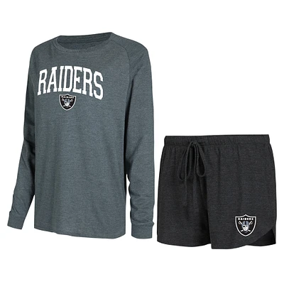 Ensemble de salon Concepts Sport noir/charbon pour femmes, t-shirt et short raglan à manches longues Las Vegas Raiders