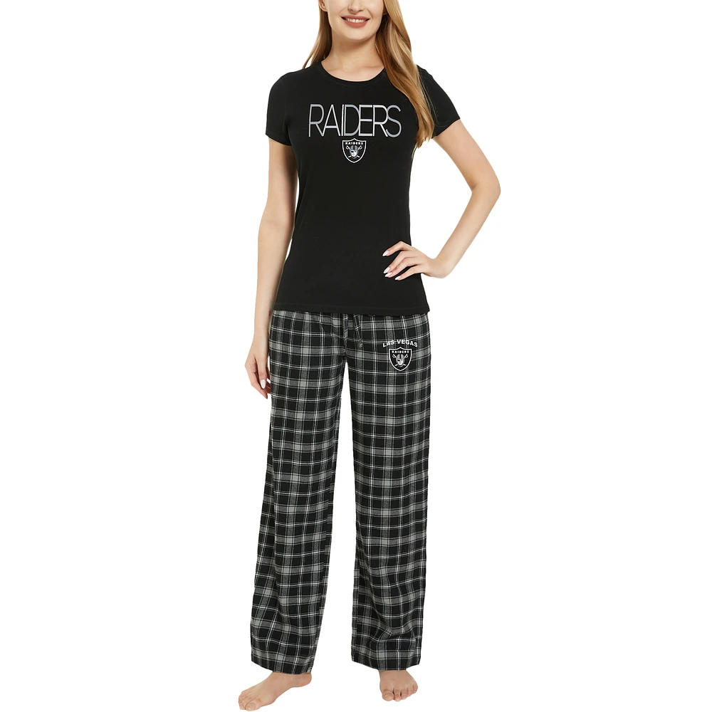 Ensemble de nuit Concepts Sport pour femmes, noir/argent, Las Vegas Raiders Arctic T-shirt et pantalon en flanelle