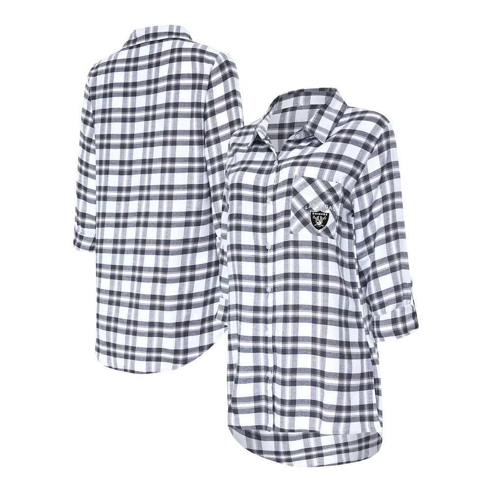 Women's Concepts Sport Charcoal Las Vegas Raiders Sienna Plaid Full-Button Long Sleeve Nightshirt