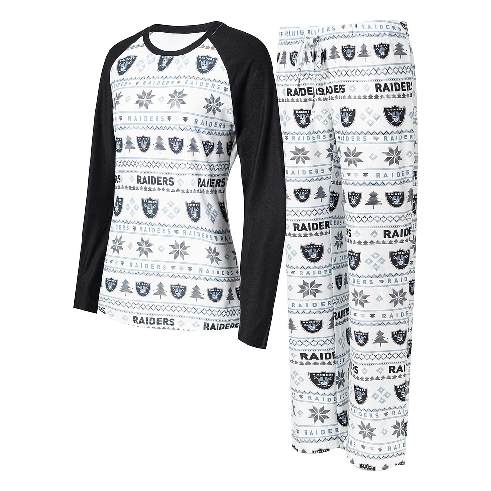 Ensemble de nuit Concepts Sport pour femmes, t-shirt et pantalon à manches longues Las Vegas Raiders Tinsel Raglan, blanc/noir