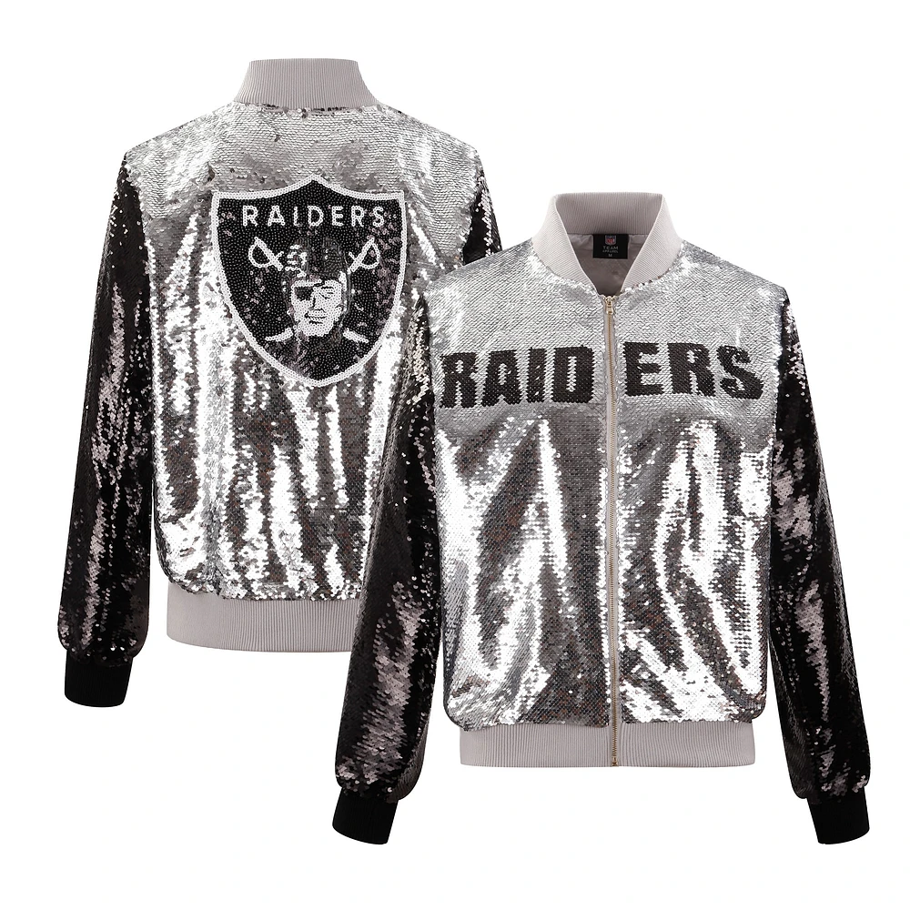 Veste zippée à paillettes bicolore argentée/noire Cuce pour femme des Las Vegas Raiders