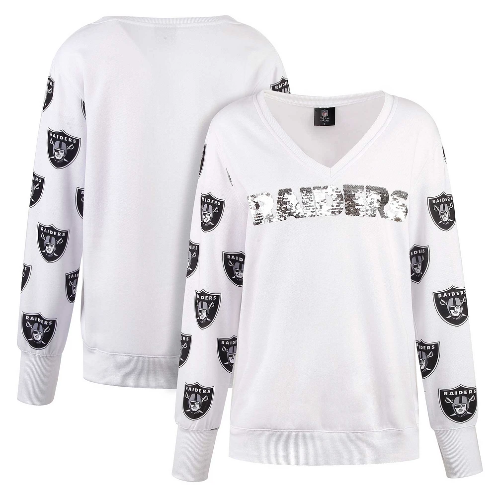 T-shirt à col en V polaire sequins Cuce White Las Vegas Raiders pour femmes