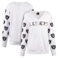 T-shirt à col en V polaire sequins Cuce White Las Vegas Raiders pour femmes