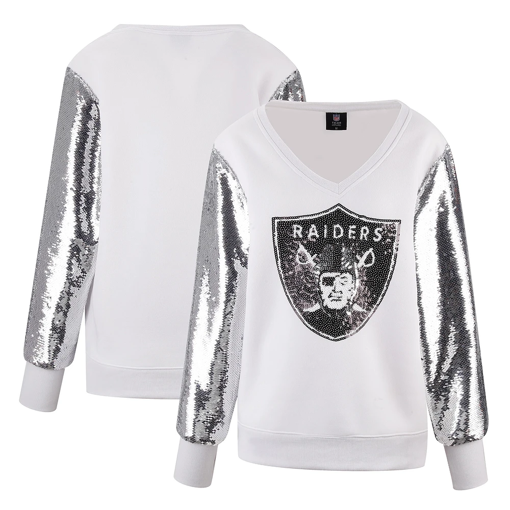 Women's Cuce White Las Vegas Raiders Sequin Sleeve V-Neck Pullover Sweatshirt