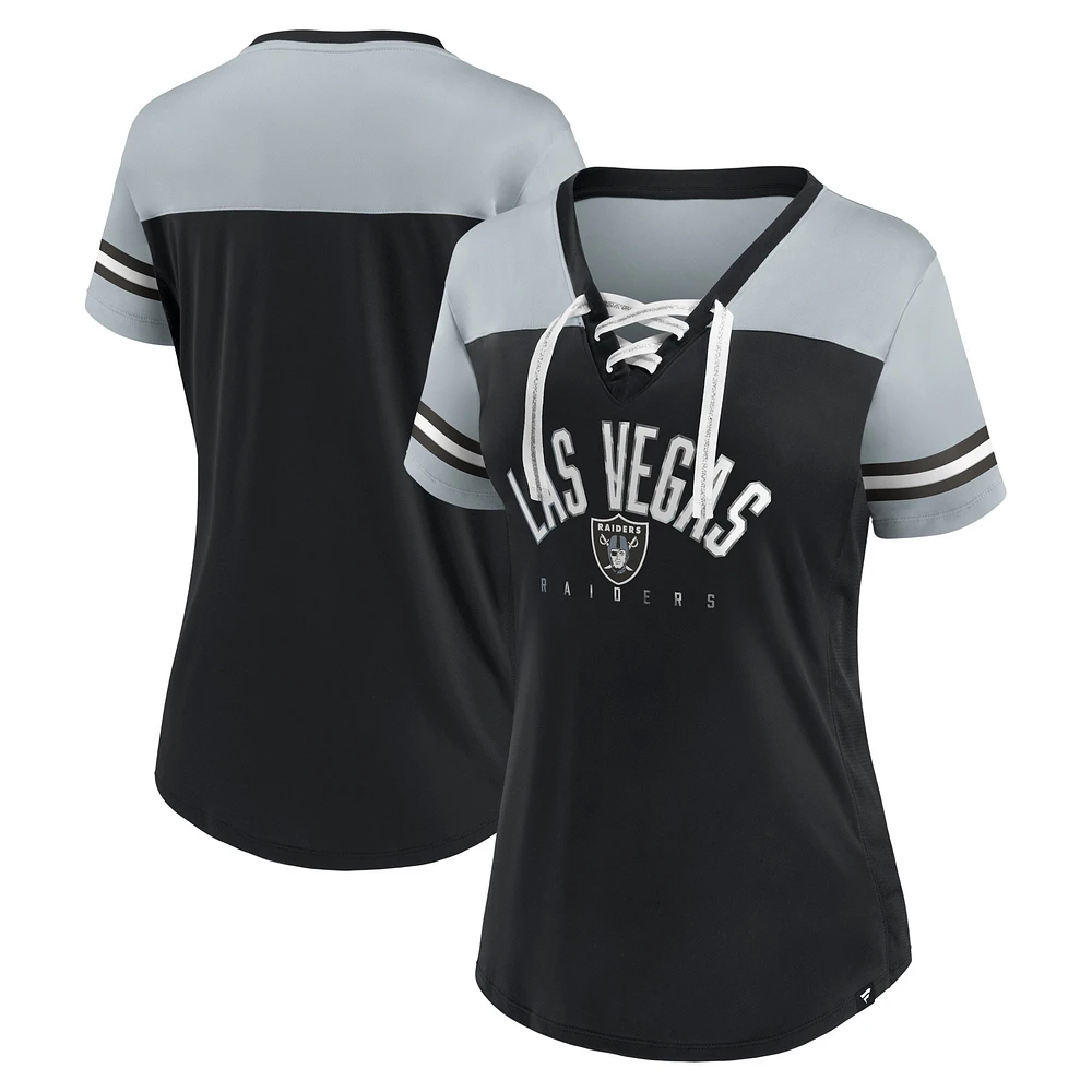 T-shirt en jersey à lacets et col V Fanatics pour femmes, noir/argent, Las Vegas Raiders Blitz & Glam