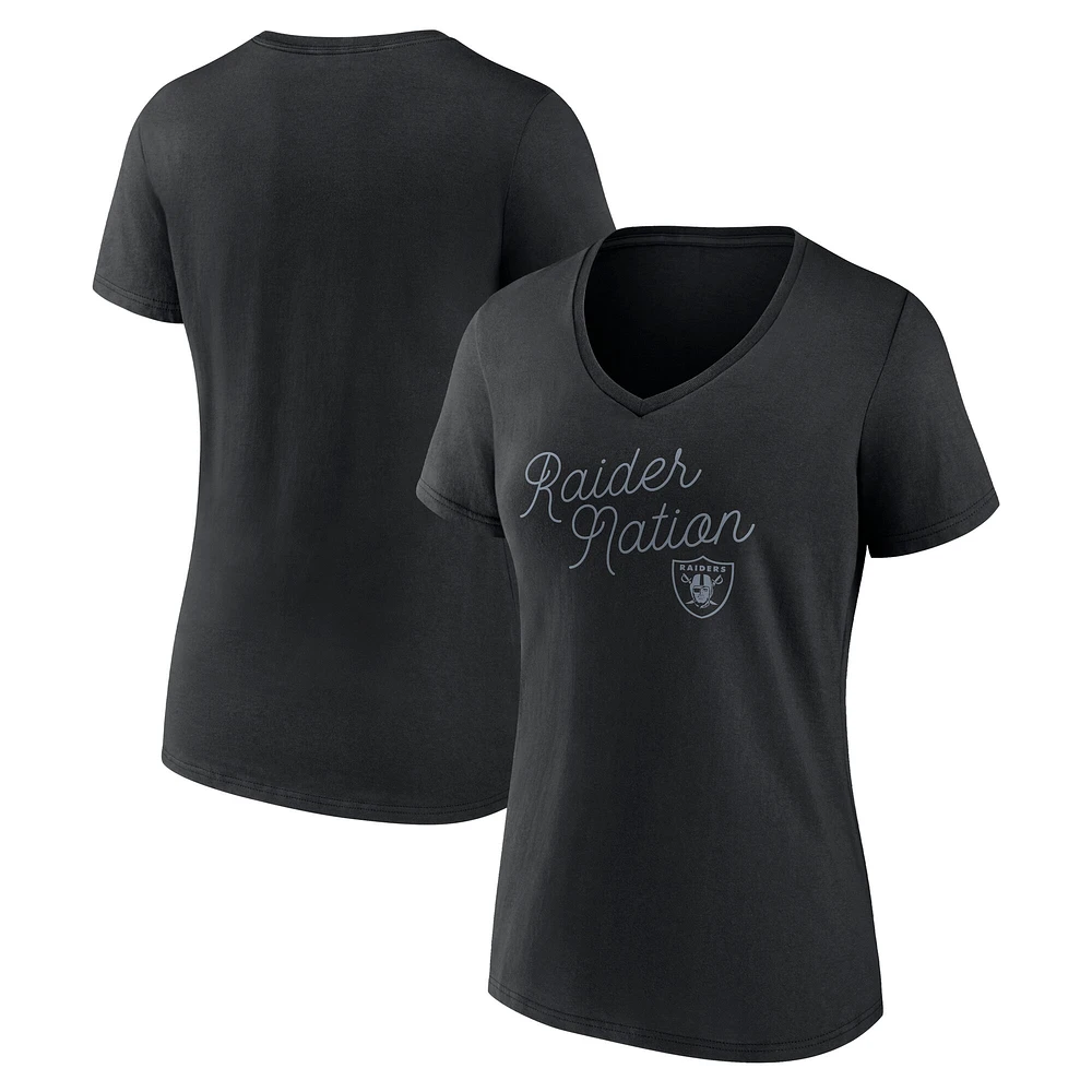 T-shirt noir à col en V Fanatics pour femmes des Las Vegas Raiders Iconic Script State