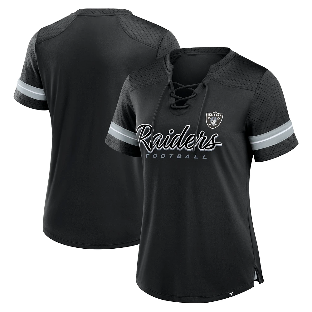 T-shirt à lacets noir Las Vegas Raiders Play Script pour femmes Fanatics