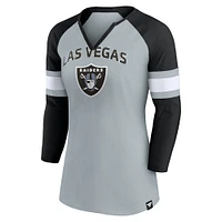 T-shirt Fanatics pour femmes gris/noir Las Vegas Raiders Arch Raglan à manches 3/4 et col cranté