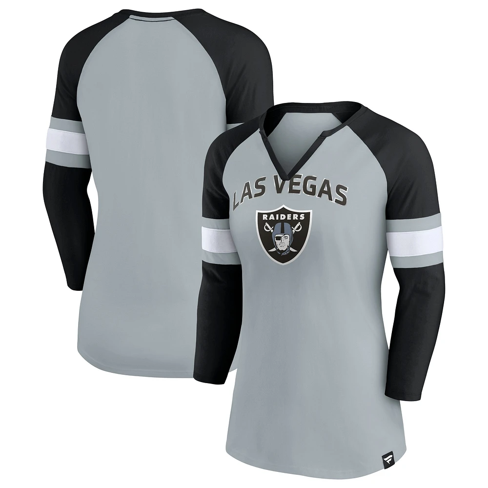 Women's Fanatics Gray/Black Las Vegas Raiders Arch Raglan 3/4-Sleeve Notch Neck T-Shirt