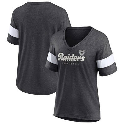 T-shirt à manches mi-longues et col en V Fanatics Heathered Charcoal Las Vegas Raiders Give It All pour femmes