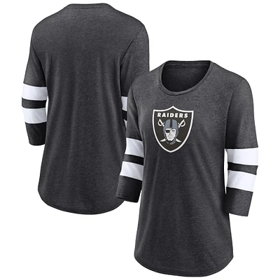 Women's Fanatics Heathered Charcoal Las Vegas Raiders Primary Logo 3/4 Sleeve Scoop Neck T-Shirt