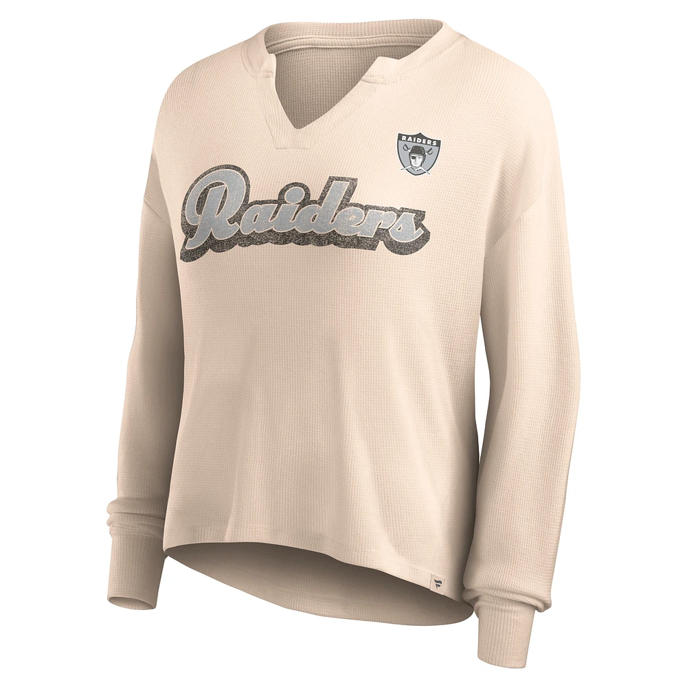 Women's Fanatics Tan Las Vegas Raiders Go For It Notch Neck Waffle Knit Lightweight Long Sleeve T-Shirt