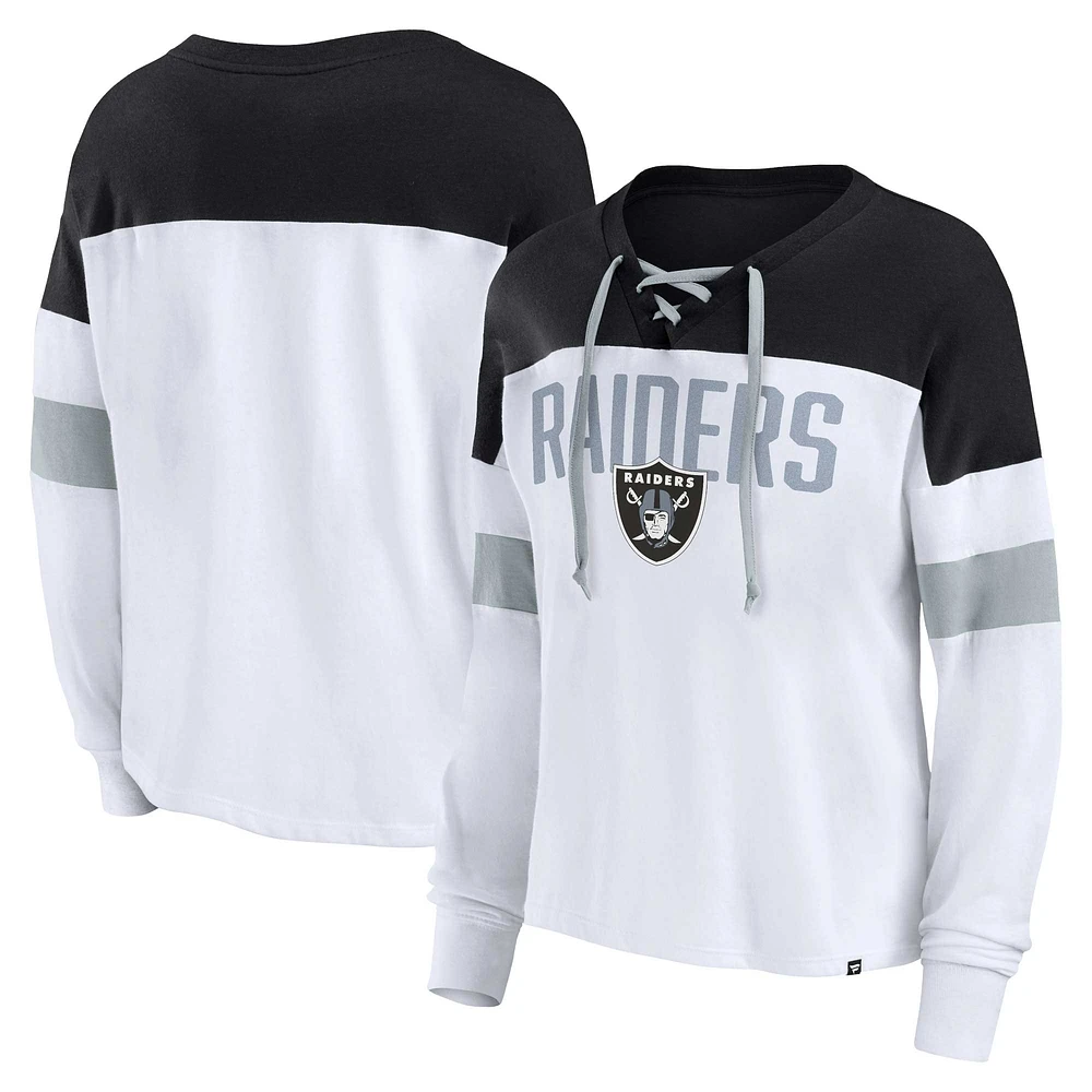 Women's Fanatics White/Black Las Vegas Raiders Plus Even Match Lace-Up Long Sleeve V-Neck Top