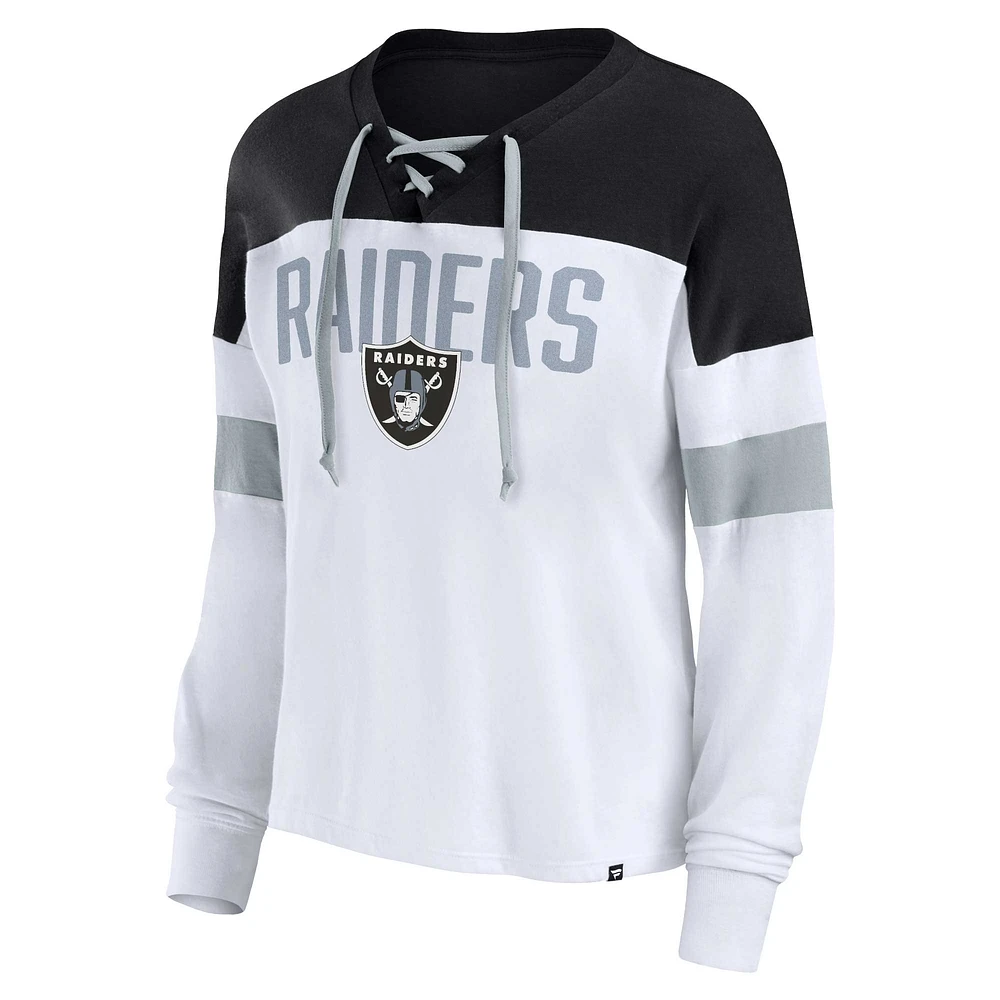 Women's Fanatics White/Black Las Vegas Raiders Plus Even Match Lace-Up Long Sleeve V-Neck Top