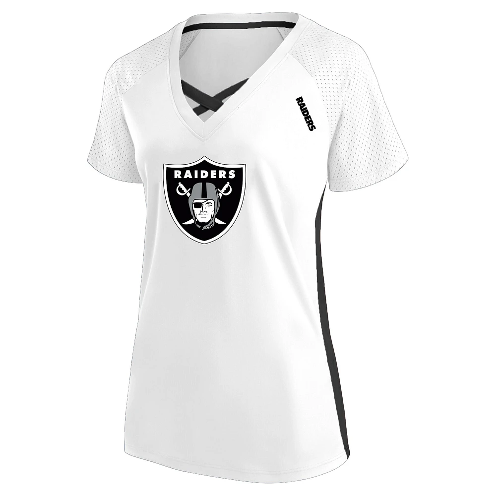 T-shirt à lacets et col en V paillettes pour femmes Fanatics White Las Vegas Raiders grande taille